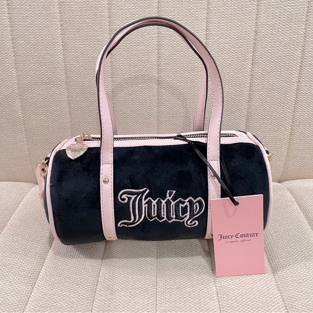 NEW Juicy Couture Black Velour Pink Trim Barrel Bag Crossbody Rhinestone Heart‎